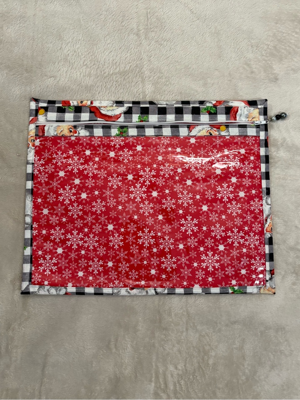 Holiday Snowflake Clear Vinyl Cross Stitch Pouch - Red & Black Check Trim